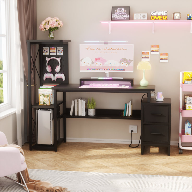 Reversible L Shaped Desk with Power Outlets and Fabric Drawers, Black