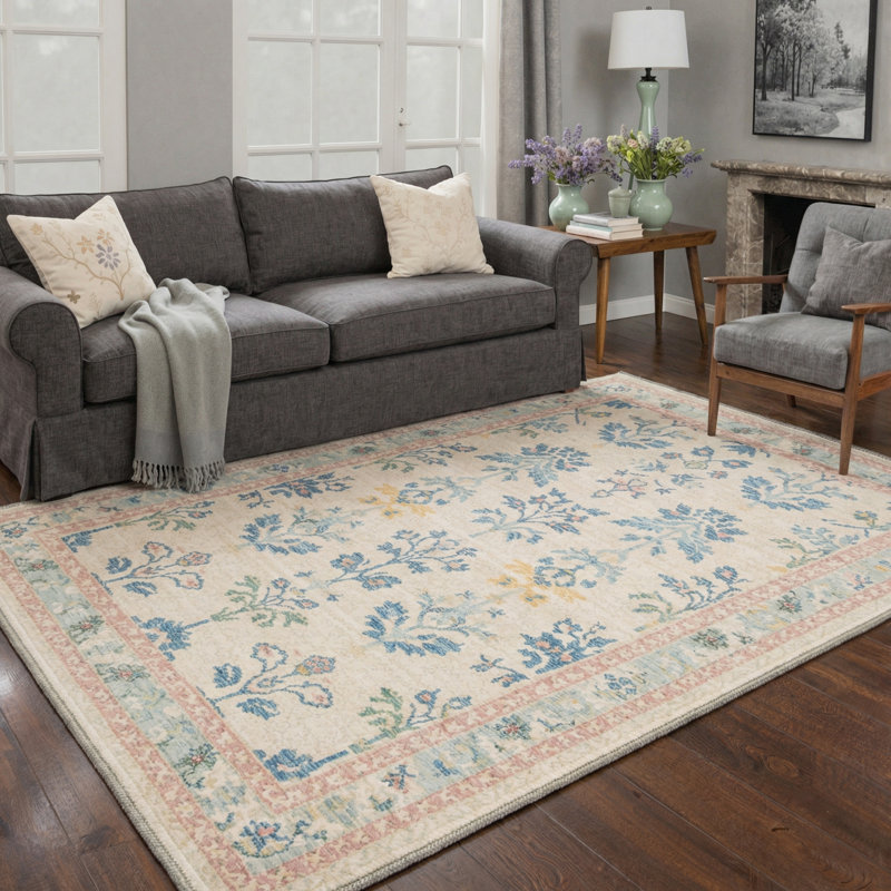 Allsop Verdure Vintage Floral Machine Washable Beige / Blue / Pink Indoor Area Rug with Non-Slip Backing, Rectangle 5' x 7'