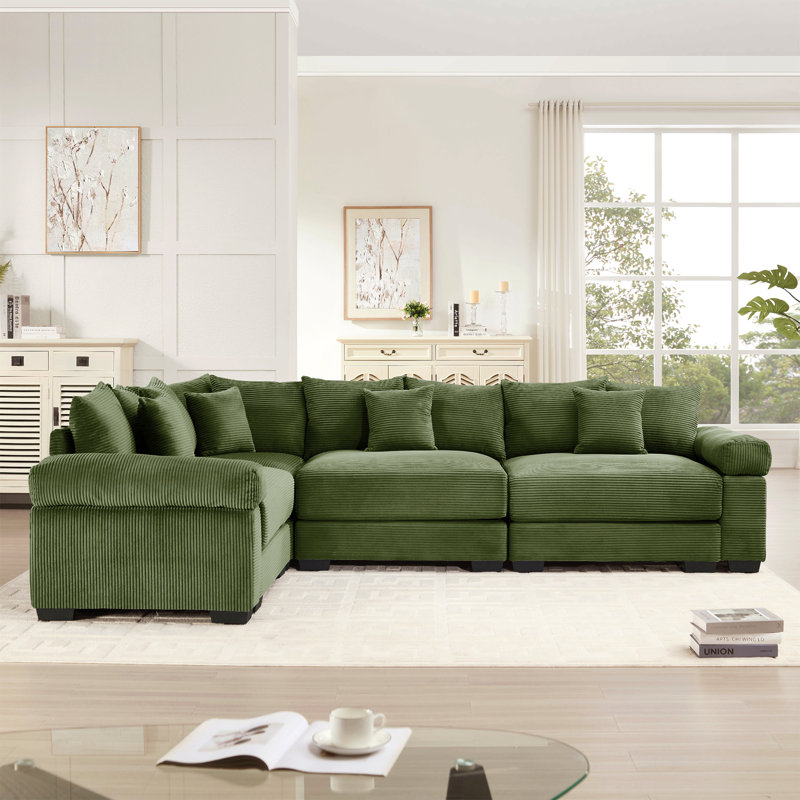 Felder L-Shaped Corduroy Sectional Sofa with Throw Pillows & Deep Seating, Green Corduroy