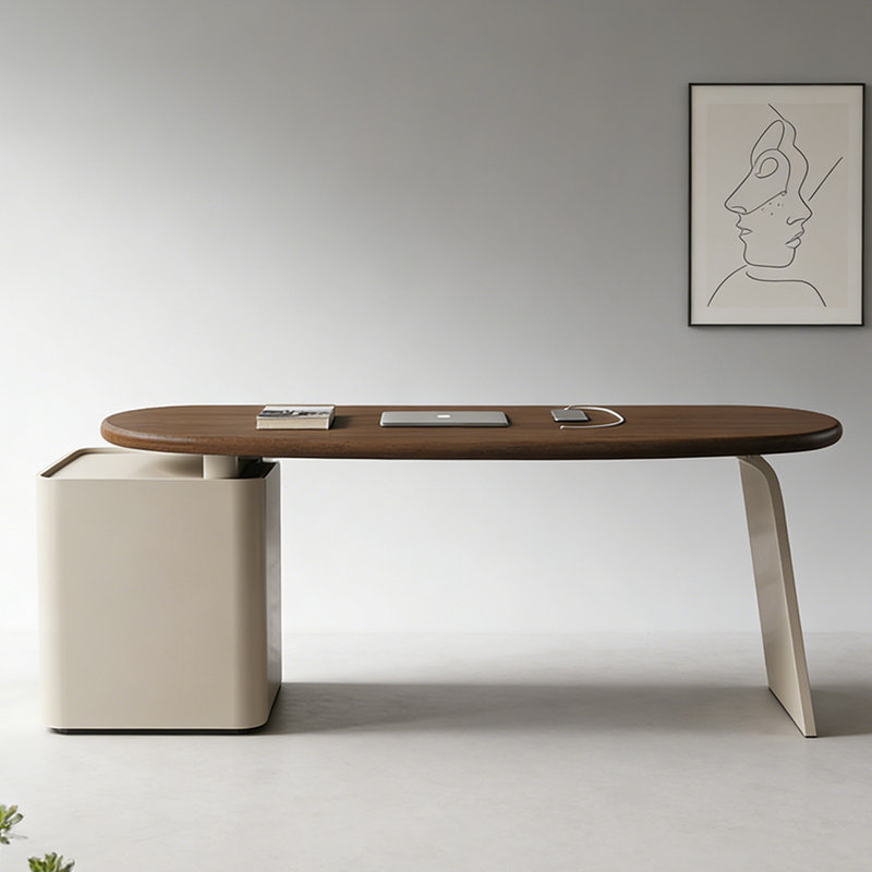Bureau courbé en bois manufacturé brun noisette + blanc beige avec 1 tiroir, H 29,53 po x l 78,74 po x P 31,5 po
