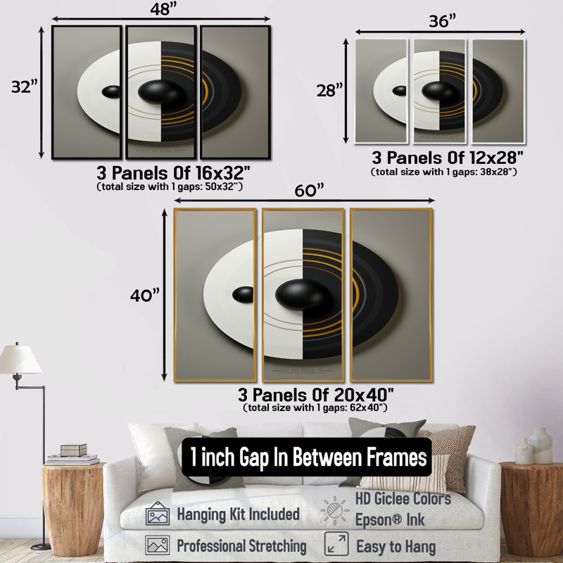 Minimal Glam Zen noir blanc doré - ensemble de décoration murale géométrique, Encadrement argenté, H 32 po x l 48 po x P 1 po