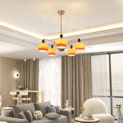 5-Light Chandelier With Gradient Orange Glass Shades, Modern And Cozy Design For Living Rooms And Bedrooms