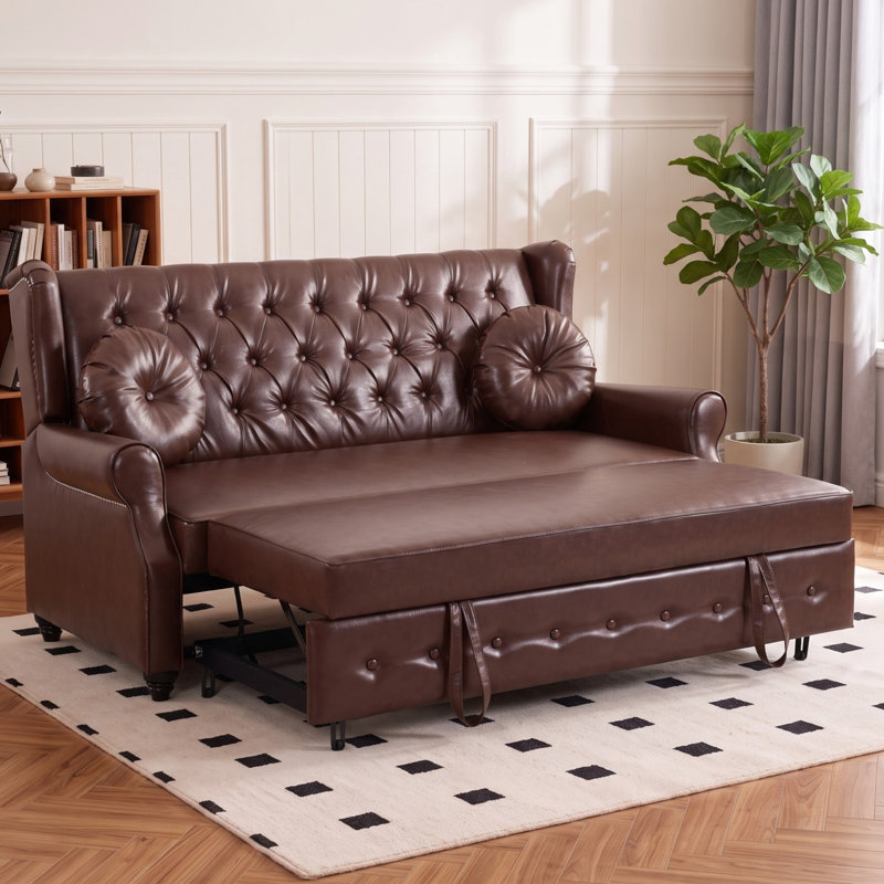 Canapé-lit 70 po brun Chesterfield en similicuir brun, Brown