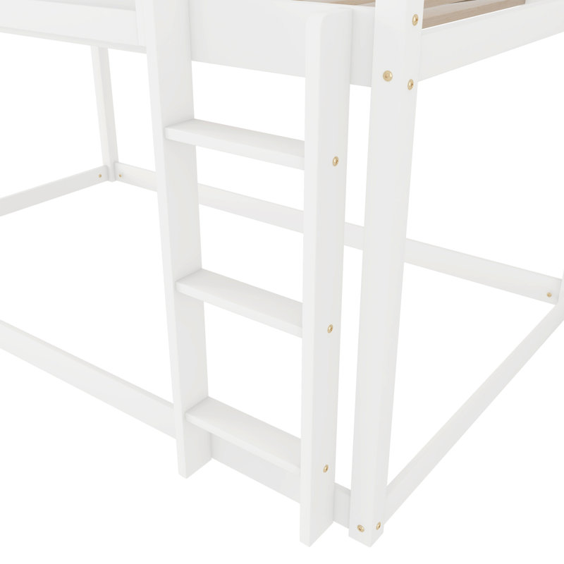 Lit superposé bas simple au-dessus de simple, lit superposé au sol avec échelle, lit superposé simple en bois massif pour enfants et enfants, blanc