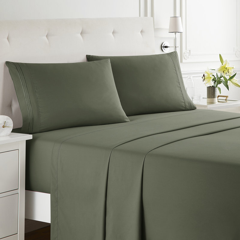  Ensemble de draps double brossé de luxe pour hôtel avec draps et taies d'oreiller très doux, California King, Vert olive