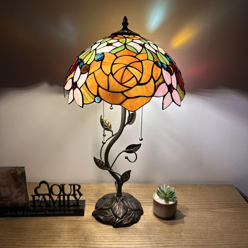 Haydee Tiffany Table Lamp Red Orange Stained Glass Rose Flowers Iron Metal Leaves LED Bulbs 14"W*14"D*24"H, Orange/Red