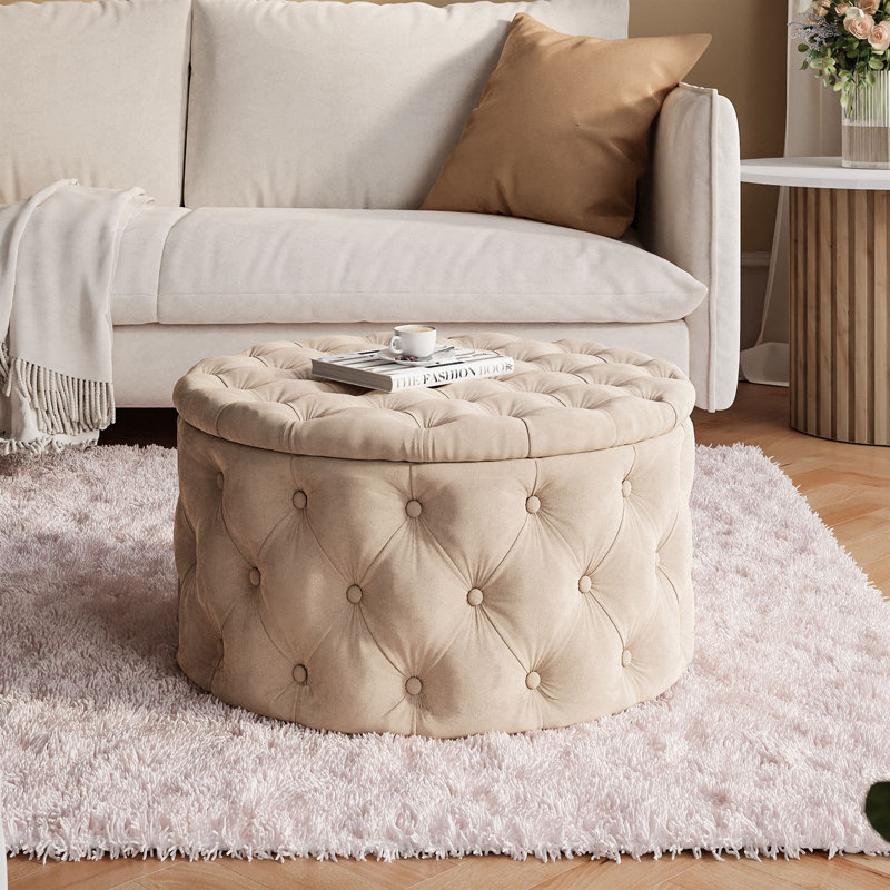 CHESTERFIELD Round Upholstered Pouf Hocker 70 cm, Beige Polyester