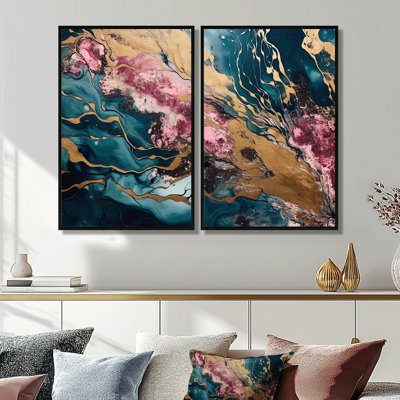 Exploration des profondeurs de la géode d'or rose II - décoration murale abstraite en marbre 2 pièces