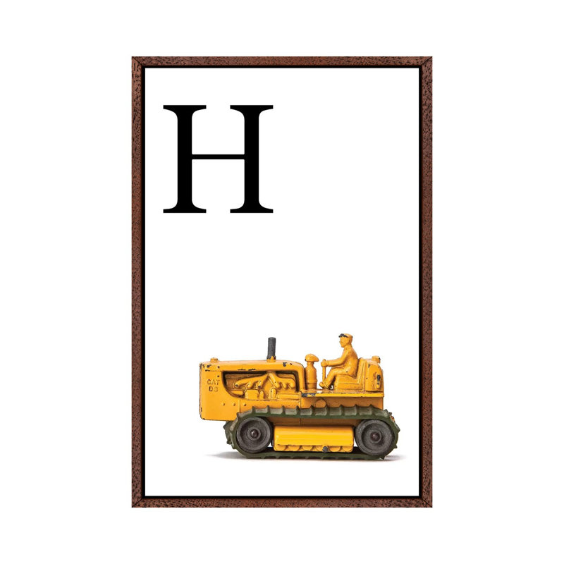 H Bulldozer Yellow White Letter - Print on Canvas, 66.04 cm H x 45.72 cm W, Classic Brown Wood Framed