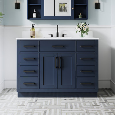 Meuble-lavabo autoportant en bois massif de 48 po x H 35 po avec comptoir en marbre de culture blanc et lavabo simple en céramique, bleu marine