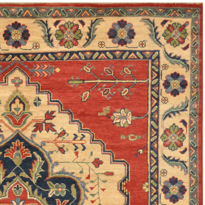 Tapis unique en laine noué à la main style Kazak rouge de 5 pi 4 po x 6 pi 10 po Lughan