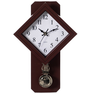 Wood-Look Pendulum Plastic Wall Clock, Silent Clock with Roman Numerals, Battery Powered