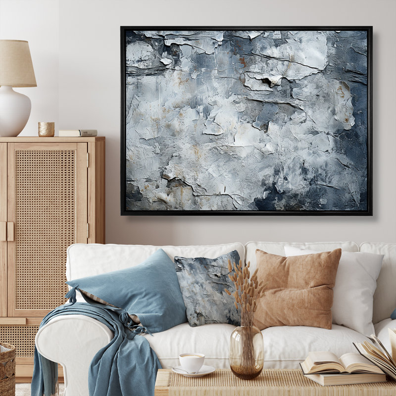 «Abstract Lunar Surface I» - art mural tachisme, H 12 po x l 20 po x P 1 po, Cadre flottant noir