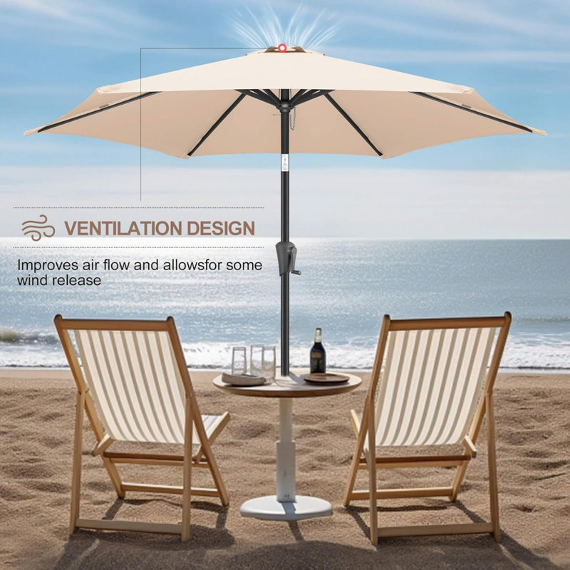 Parasol de jardin rond 7,5 pi kaki avec manivelle et inclinaison réglable, 6 baleines en fer Parasol de marché robuste en polyester résistant aux rayons UV et à l'eau pour terrasse de jardin