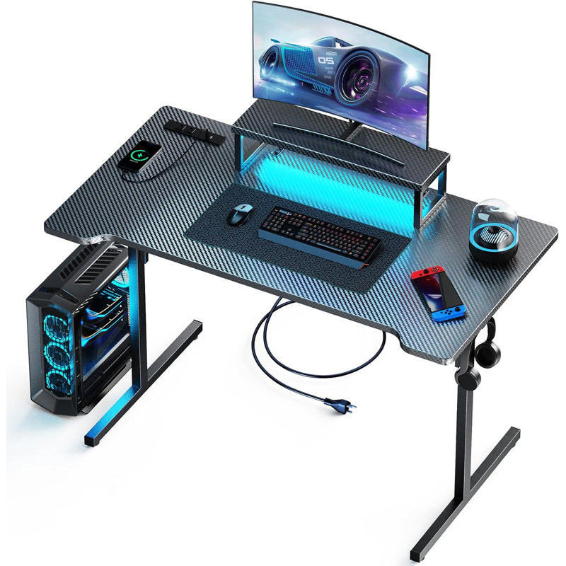Compact Gaming Desk With LED Lighting, Built-In Power Outlets, Adjustable Monitor Stand, And Cable Management System