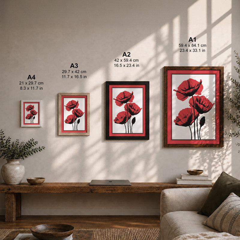 Red Poppies Botanical - Framed Print, Black, A3 - 42.0 x 29.7 cm