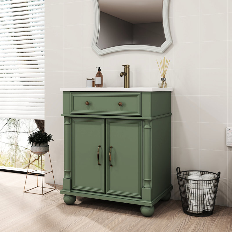 Meuble-lavabo de 28 po avec base à colonne romaine, rangement de qualité P2, lavabo Mid-Century facile à nettoyer, poignées en métal, lavabo profond pour garder le comptoir au sec