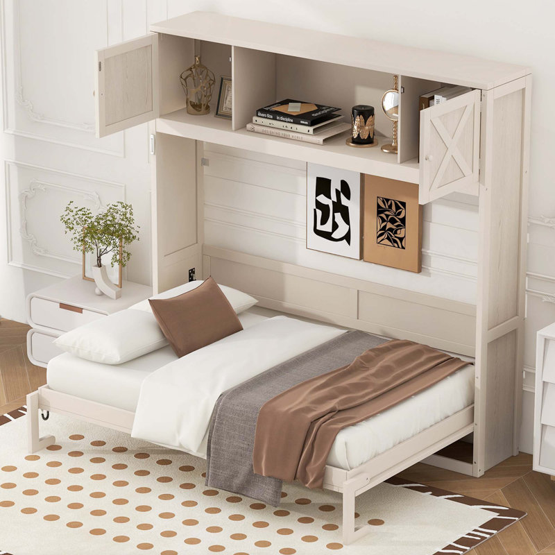 Grand lit escamotable avec armoires de rangement, Beige