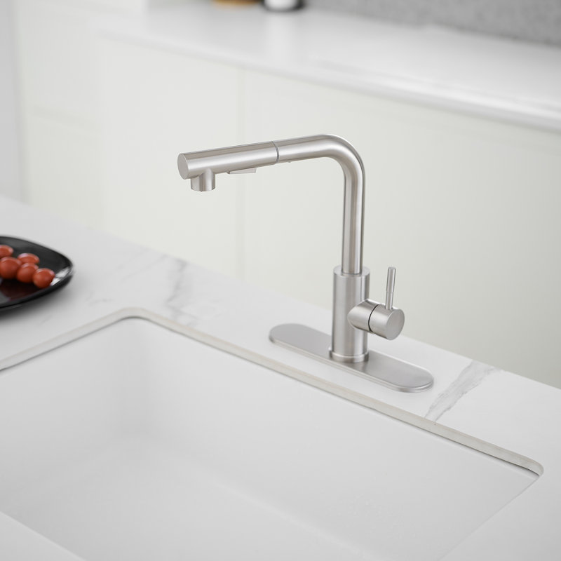 Pull Out Single Handle Kitchen Faucet With Deck Plate and Supply Lines, Brushed Nickel