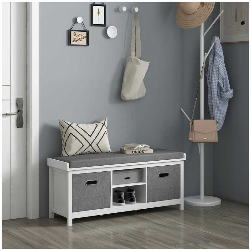 Shoe Bench with Cushion, Storage Bench for Entryway with Padded Seat, 2 Drawers and Adjustable Shelf for Hallway, Living Room, Bedroom, White