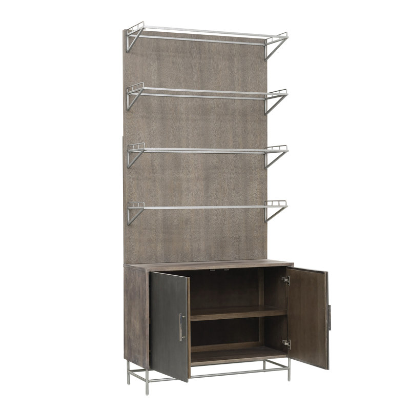 Gray and Silver 4-Shelf Bookcase with 2-Door Cabinet