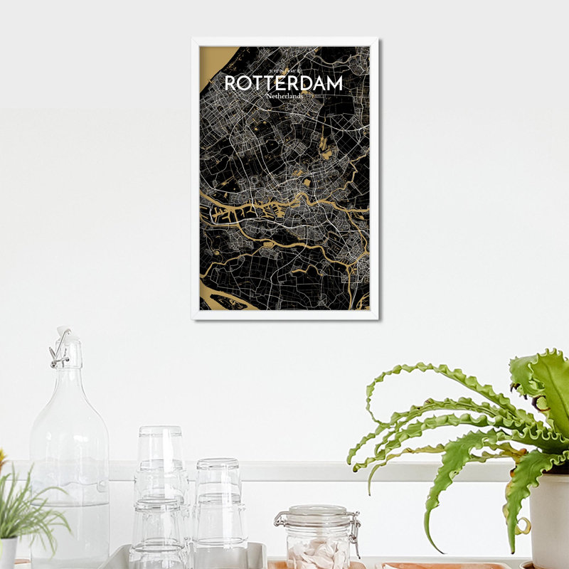 «Rotterdam City Map», impression, H 17 po x l 11 po, Noir / or