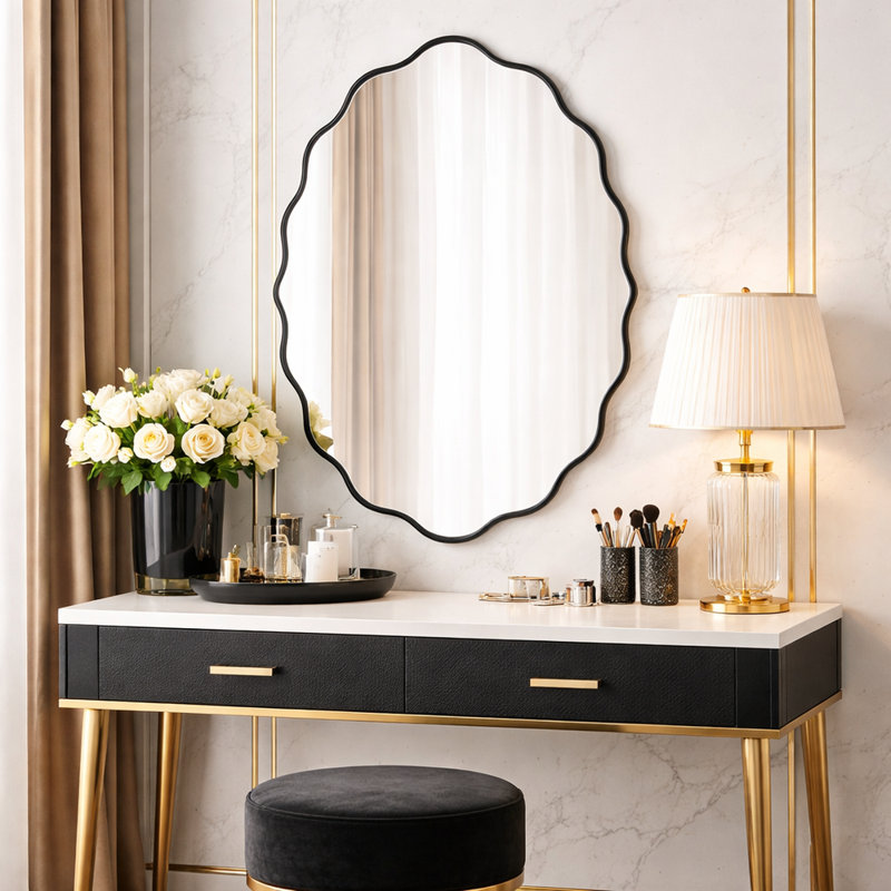  31" H Oval Metal Wall Mirror, Scalloped Wave-Edge Decorative Frame, Vintage Style Accent Mirror, Black