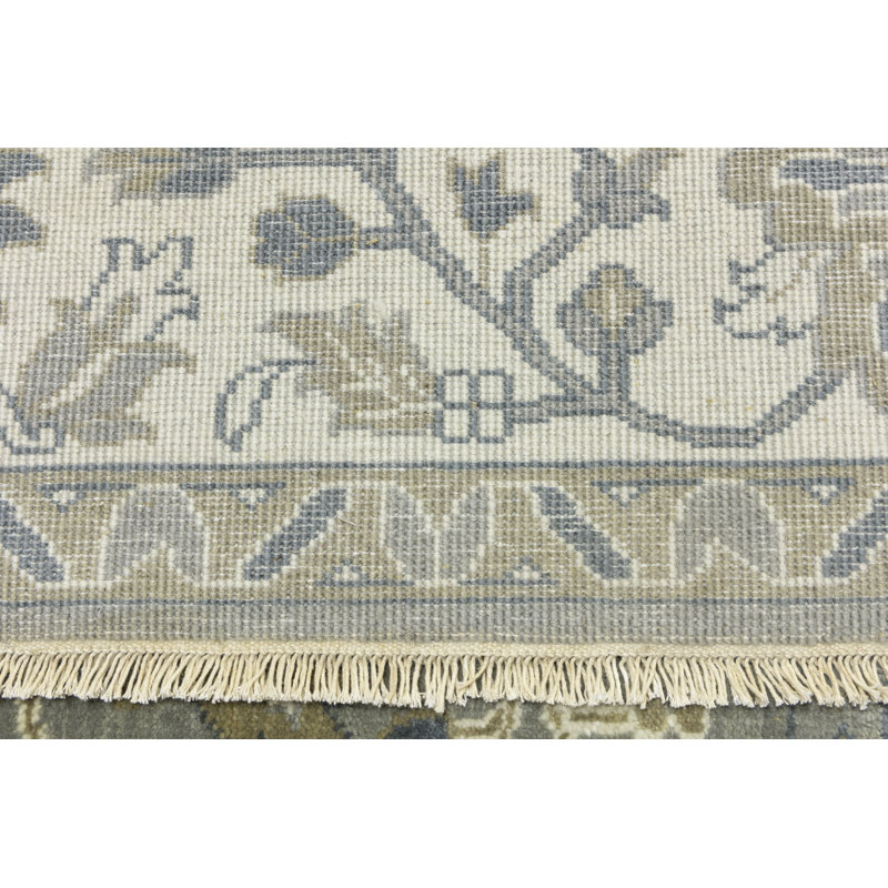 Floral Handmade Hand-Knotted Rectangle 9'1" x 11'10" Wool Area Rug in Cream
