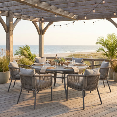 Atkins 6-Person Outdoor Dining Sets with 60" Round Dining Table and 6 Cushioned PE Rattan Dining Chairs