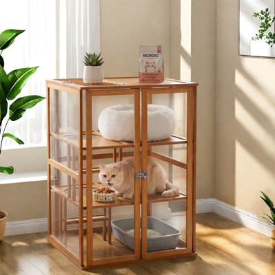 Multi-Level Bamboo Cat Cages & Playpens, Modern Indoor Catio with Storage