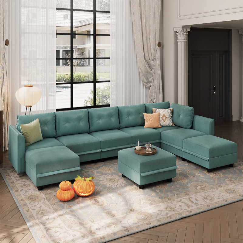 Zendajas 9 - Piece Upholstered Sectional Reversible Modular Corner Sectional with Ottoman, Green Polyester Blend