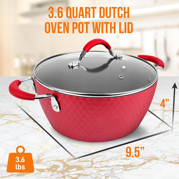 Tasty Clean Ceramic 5 Quart Non-Stick Aluminum Dutch Oven with Glass Lid, Red