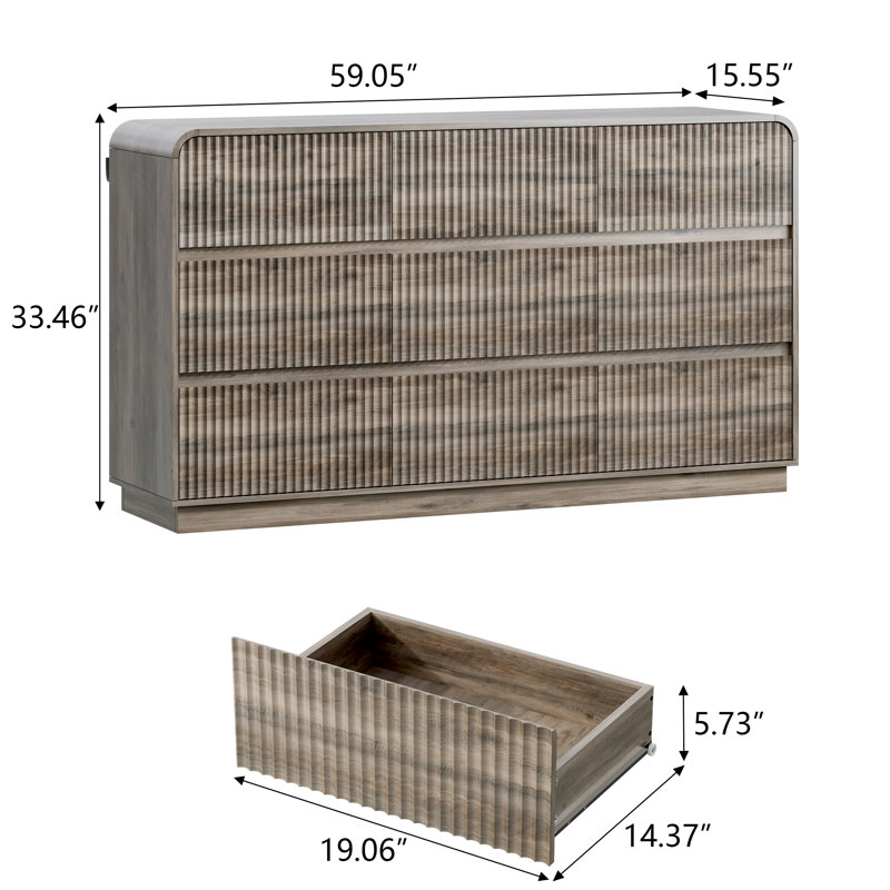 Fluted 9-Drawer Dresser for Bedroom,59"Wide Dressers & Chest of Drawers With  Concealed Handles, Gray