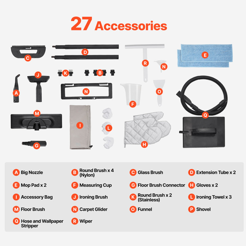 Nettoyeur vapeur puissant et multifonctionnel avec 27 accessoires, réservoir de 1,5 litre et poignée de transport, nettoyage à la vapeur avec cordon d'alimentation extra-long, idéal pour le carrelage, les planchers, les électroménagers, la maison et la voiture, conçu pour les joints.