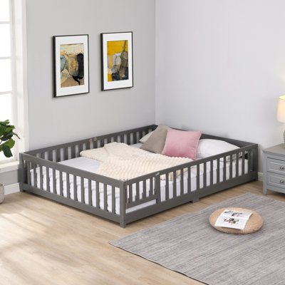 Lit simple au sol avec porte, cadre de lit plateforme en bois massif avec clôture, adapté aux enfants, bois de pin
