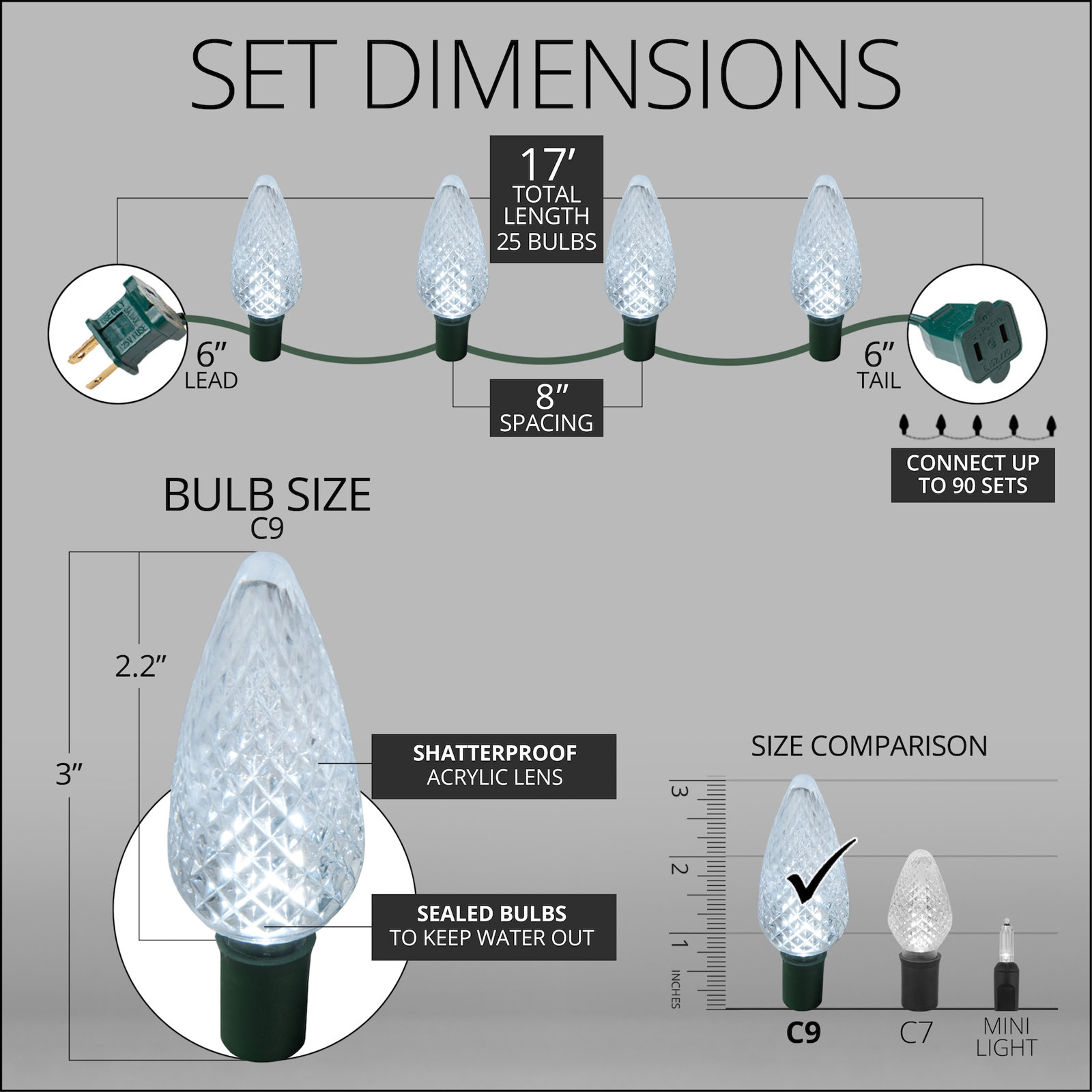 C9 LED Christmas String Lights, Cool White, 17' L, 25