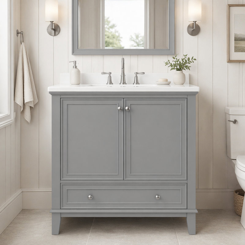 30'' Single Bathroom Vanity with Ceramic Top, Gray