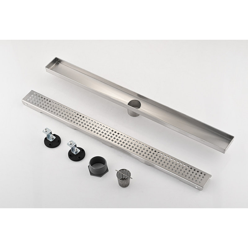 30 Inch Linear Shower Drain With Removable Quadrato Pattern Grate Cover, 304 Stainless Steel Shower Floor Drain With Hair Strainer And Leveling Feet