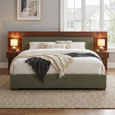 Modern Farmhouse King Linen Upholstered Platform Bed with Extended Headboard, 2 Built-in Nightstands and Under-bed Storage Drawers,Turtle
