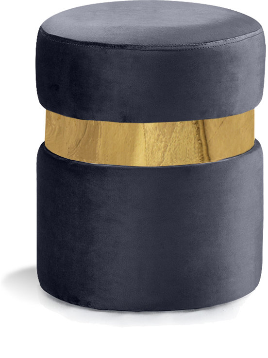 Hailey 14.5" Wide Velvet Round Cocktail Ottoman, Gold, Grey Velvet