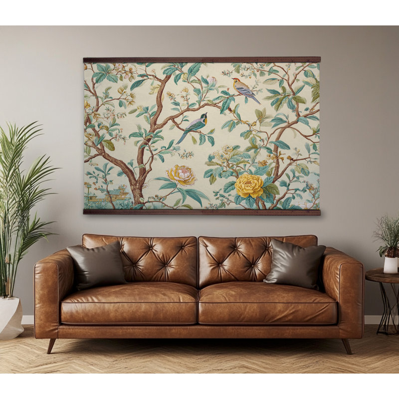 Très grande tapisserie «Chinoiserie Botanical Canvas» avec oiseaux et fleurs, H 40 po x l 60 po