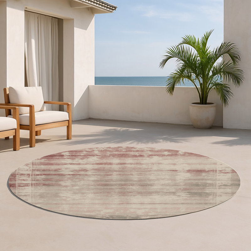 Overdyed Beige Indoor and Outdoor Area Rug, Round 5'