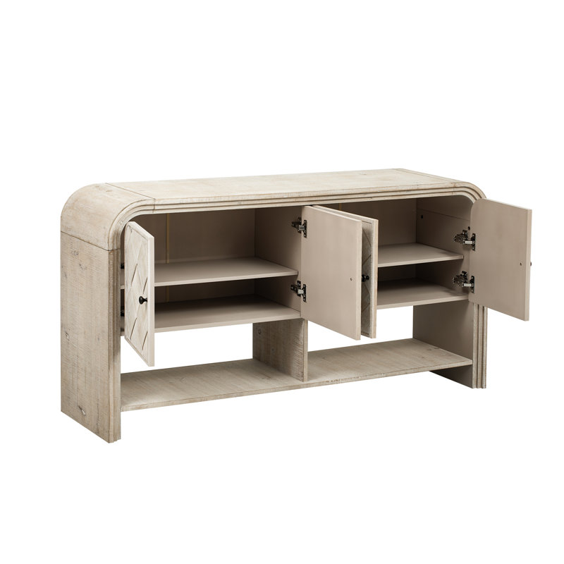 Console U_Style polyvalente avec lattes en bois tissé et placage en bois massif, Beige/brun