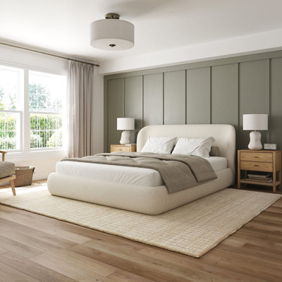 Modern Upholstered Platform Bed with Wingback Headboard and Rounded Corners, Low Profile Platform