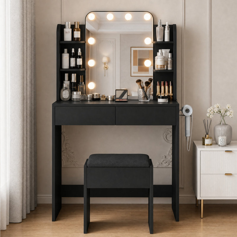 Makeup Vanity With LED Lighted Mirror & Power Outlet, Vanity Desk With 2 Drawers, 4 Open Shelves and Hair Dryer Rack For Bedroom