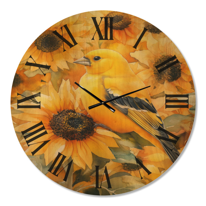 Horloge murale grands oiseaux en bois - Chardonneret en tournesols, Oversized