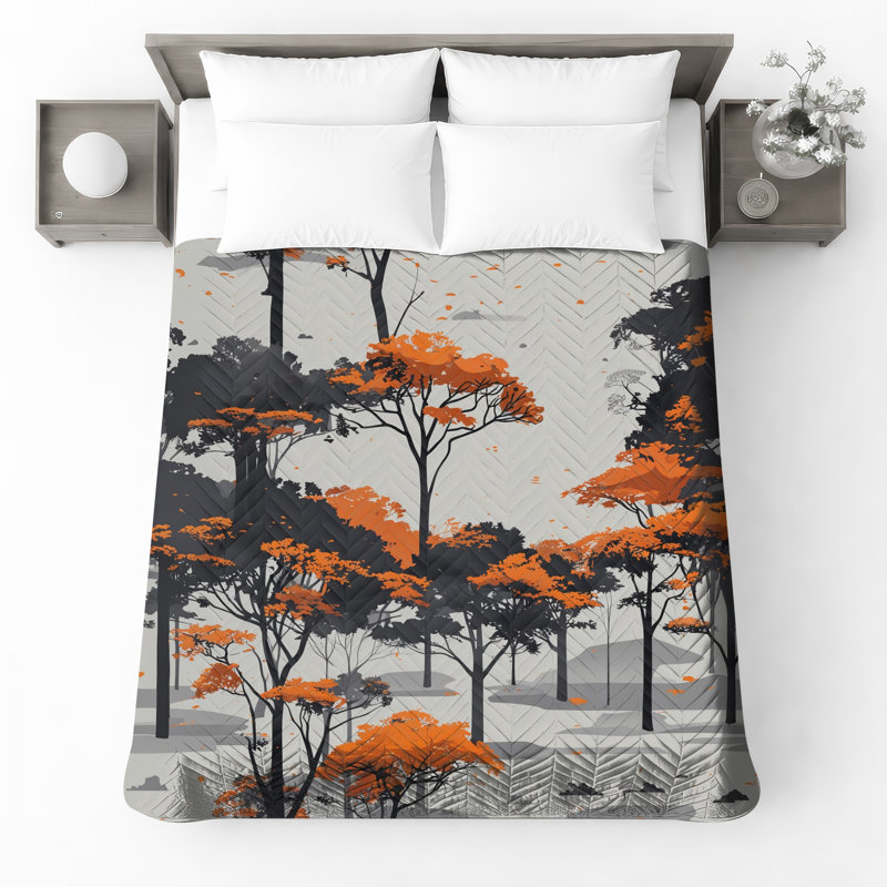 Orange Gray Forest Quilted Bedspread All Sizes, King