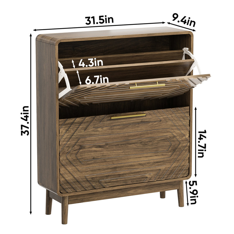 Mid - Century Modern 31.5" Walnut Freestanding Shoe Storage In Style For Foyer, 2 Flip Top Drawers, Adjustable Shelves, And Wood Organizer Shoes Hallway, Geometric Panel, Two Layer Metal Round Handles
