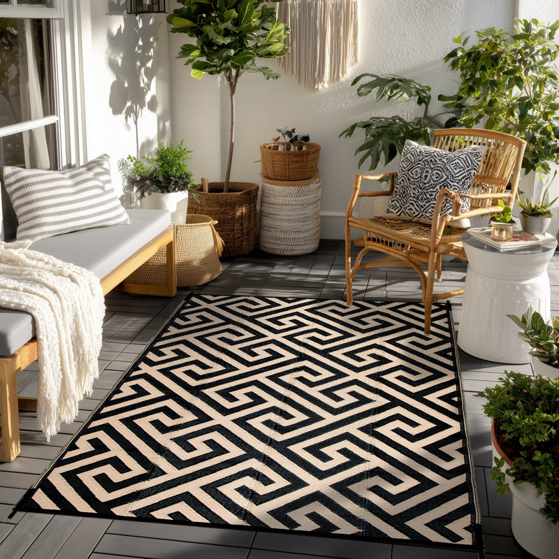 Tapis d'extérieur moderne réutilisable Modern Greek Key - imperméable et résistant aux rayons UV pour la cour en PP