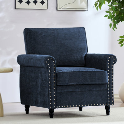 Chenille Rivet Accent Chair with Removable Cushion & Solid Wood Legs